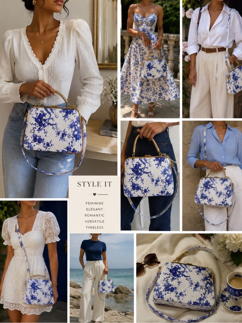 Blue & white Chinoiserie floral croc embossed frame Statement Bag with